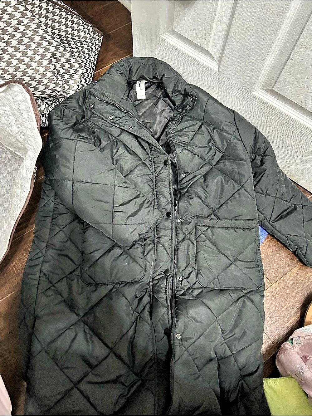 Saint Laurent Quilted High-Neck Long Coat Black